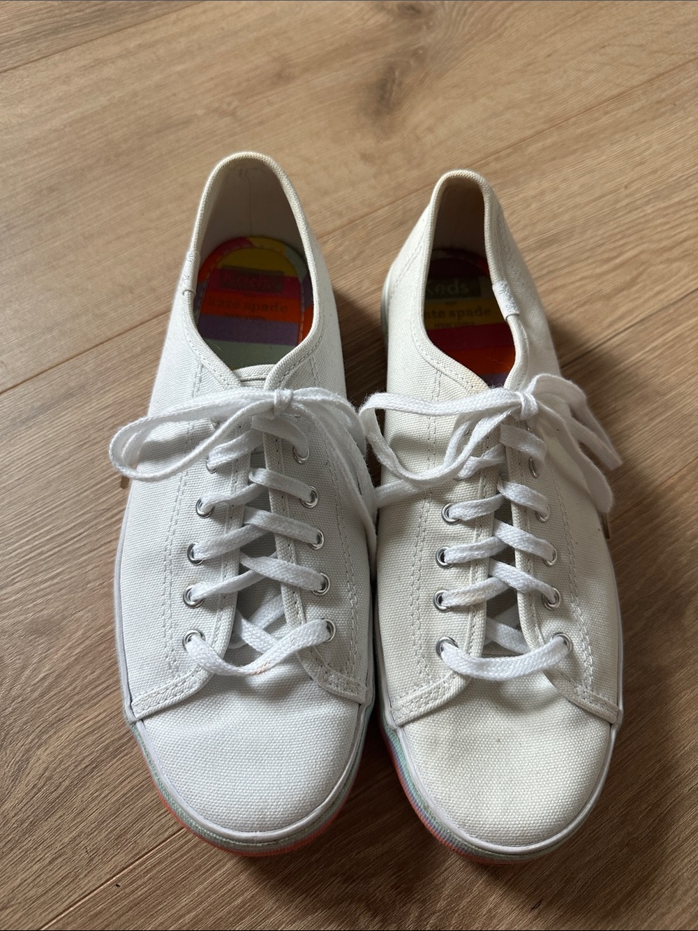 Keds x Kate Spade White Canvas Sneakers with Rainbow Stripe Midsole